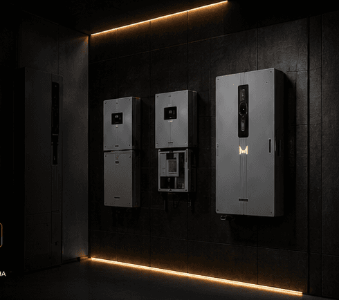 Sistema de baterías e inversores Kawara instalado en pared con iluminación ámbar